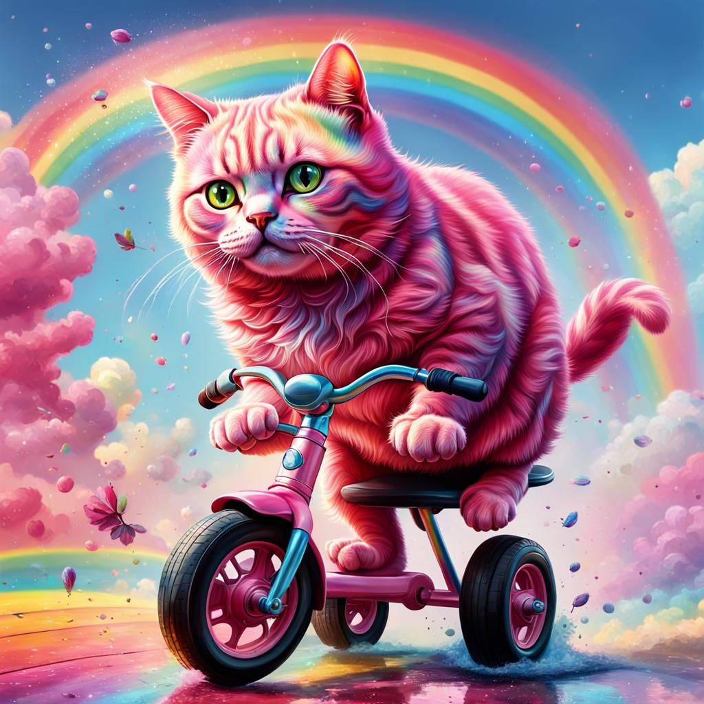 Pink Cat Rides Tricycle on Rainbow, Splash Art