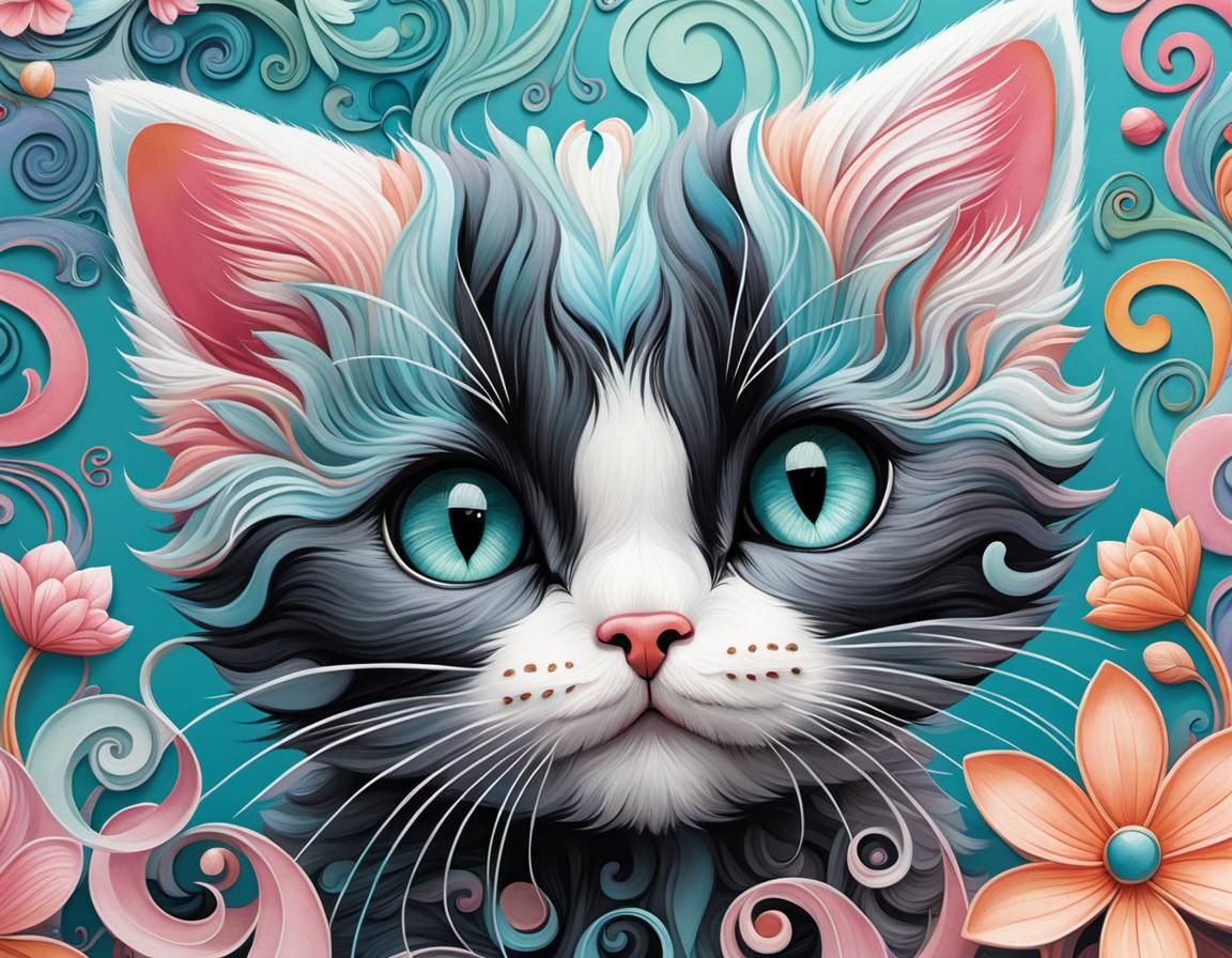 Kitten with Flower Petal Eyes in Pastel Wonderland