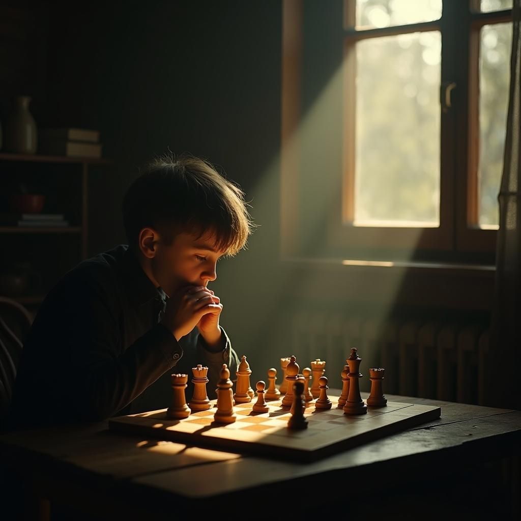 Chess Player in Dreamlike Industrial Setting