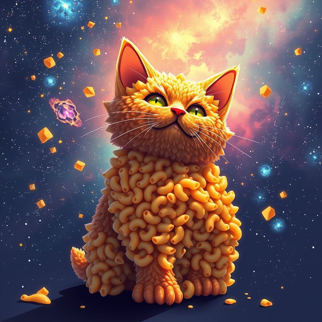 Galaxy Mac and Cheese Cat in Flat Manga Style