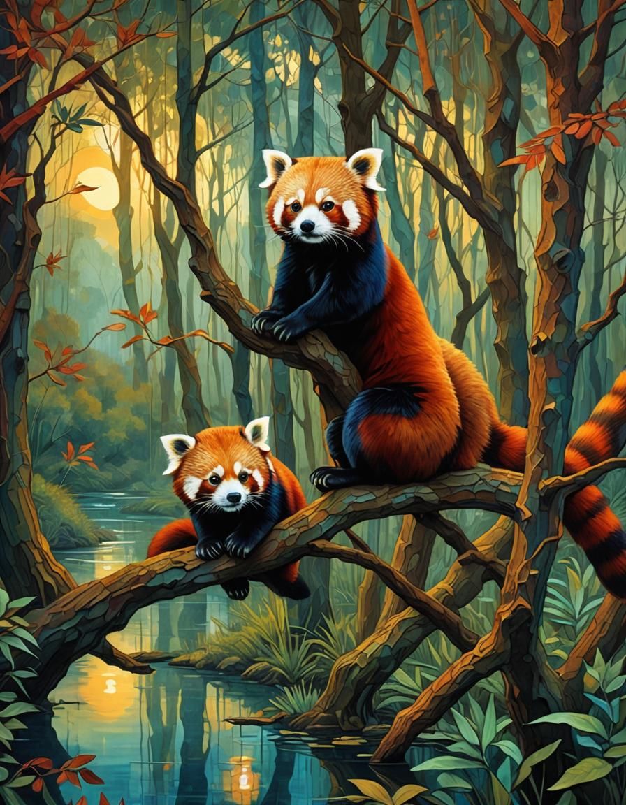Surreal Red Panda Roams a Cubist Forest Landscape