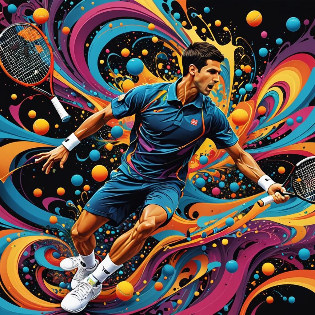 Novak Djokovic smash on the tennis court, the court floats in colorfull deep universe