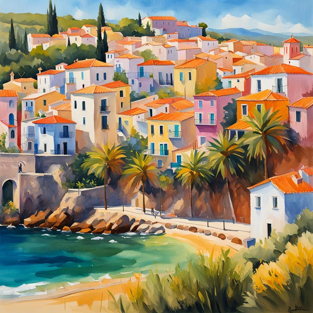 Picturesque Spanish Town in Gouache Watercolor Style