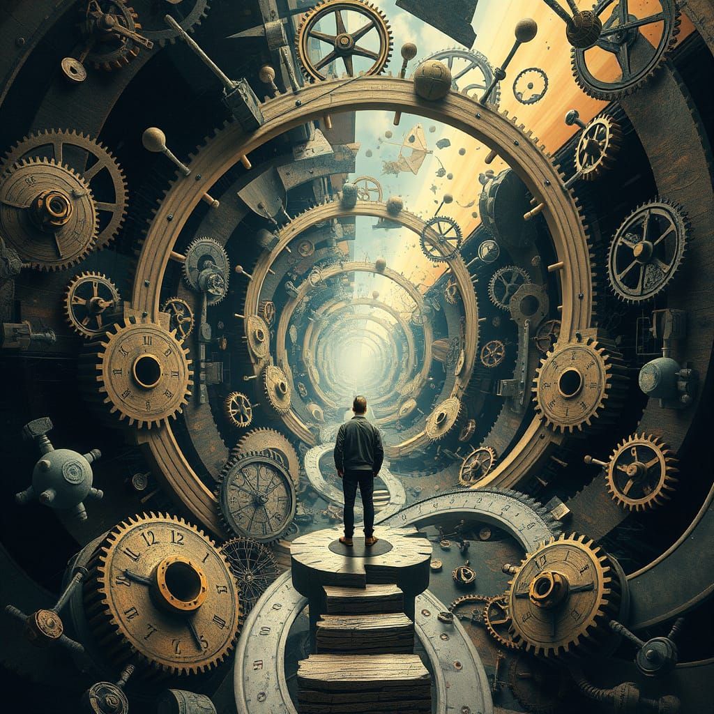 Surreal Clockwork Dreamscape with Shattered Timelines