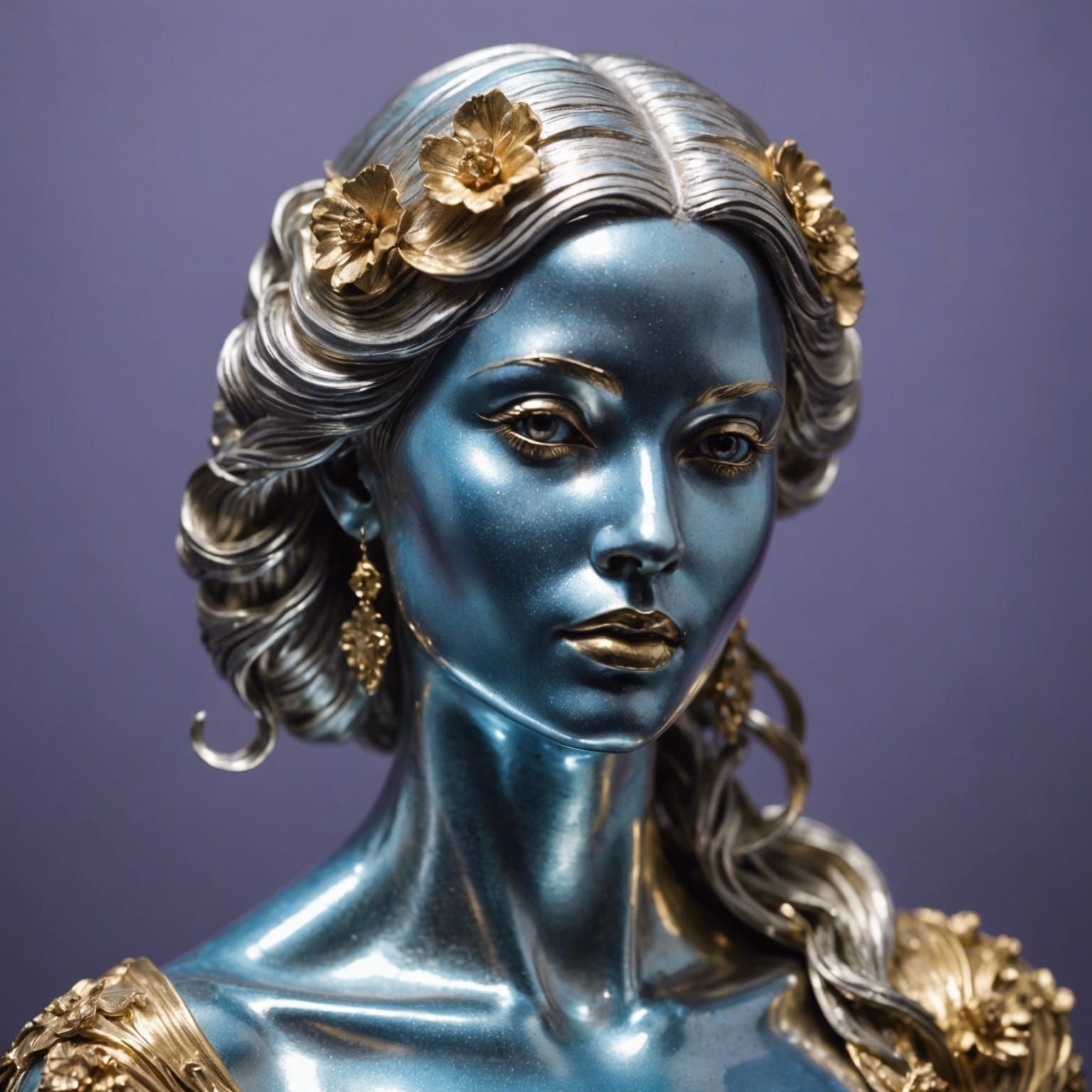 Ethereal Woman Figure in Gold, Silver and Violet Light