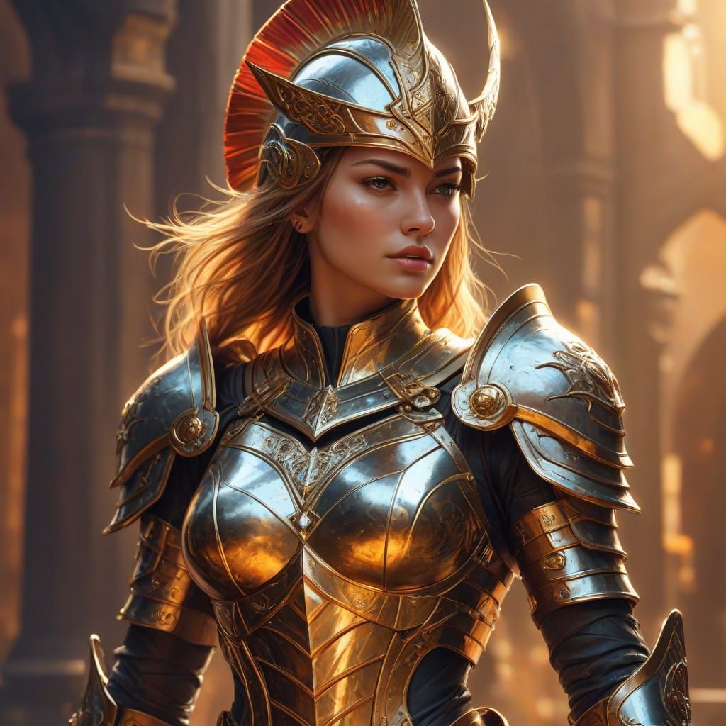 Heroic Armored Fantasy Warrior Woman in Digital Painting Sty...