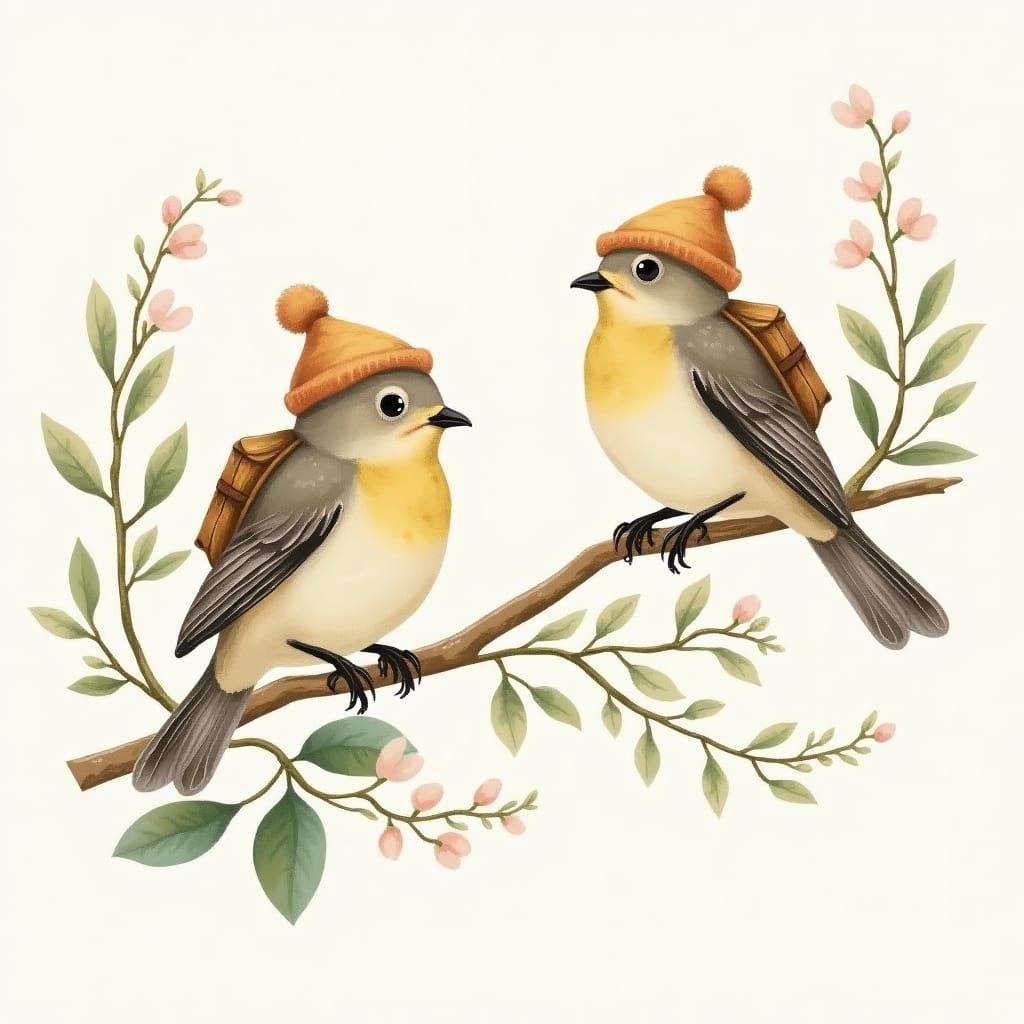 Whimsical Baby Nightingale Birds Illustration