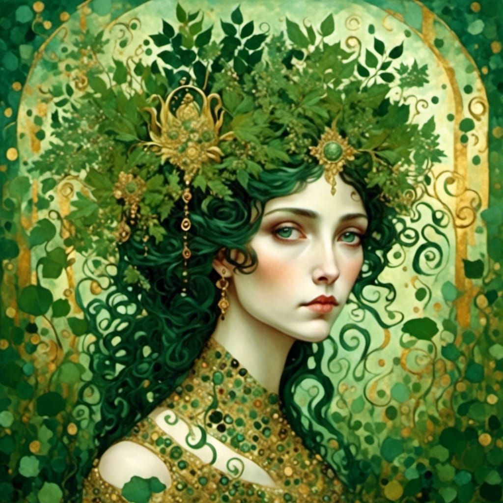 Mugwort Queen By Tetyana Erhart, by Gustav Klimt, green and gold <lora:Ladybird:1.0>