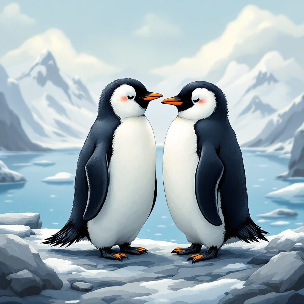 Penguins Share Loving Gaze on Antarctic Coastline