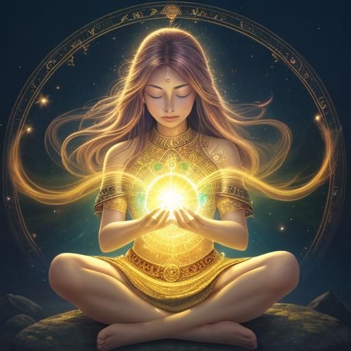 Meditative Woman Surrounded by Glowing Chakras
