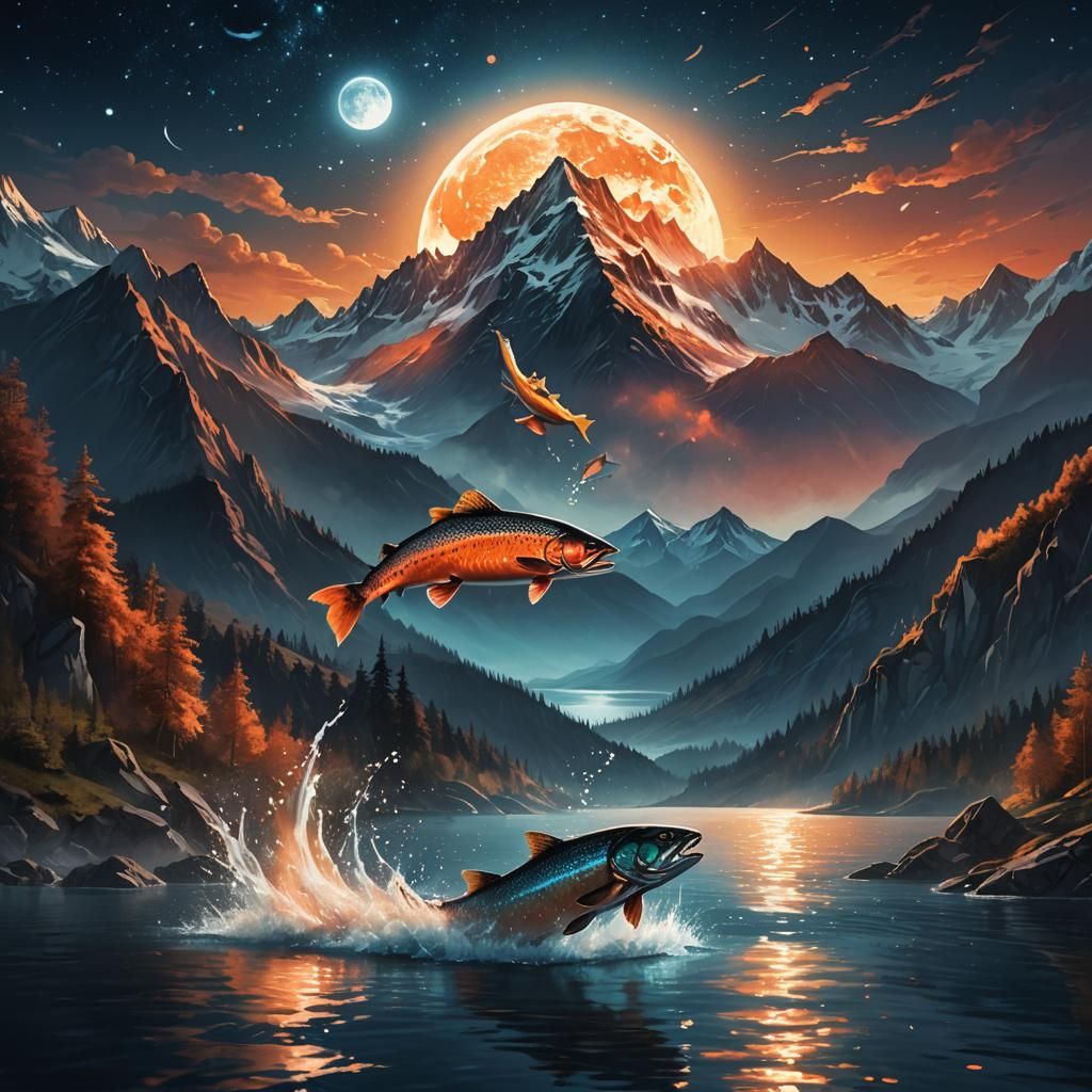 Majestic Salmon Leaps Under Moonlight: Fantasy Art