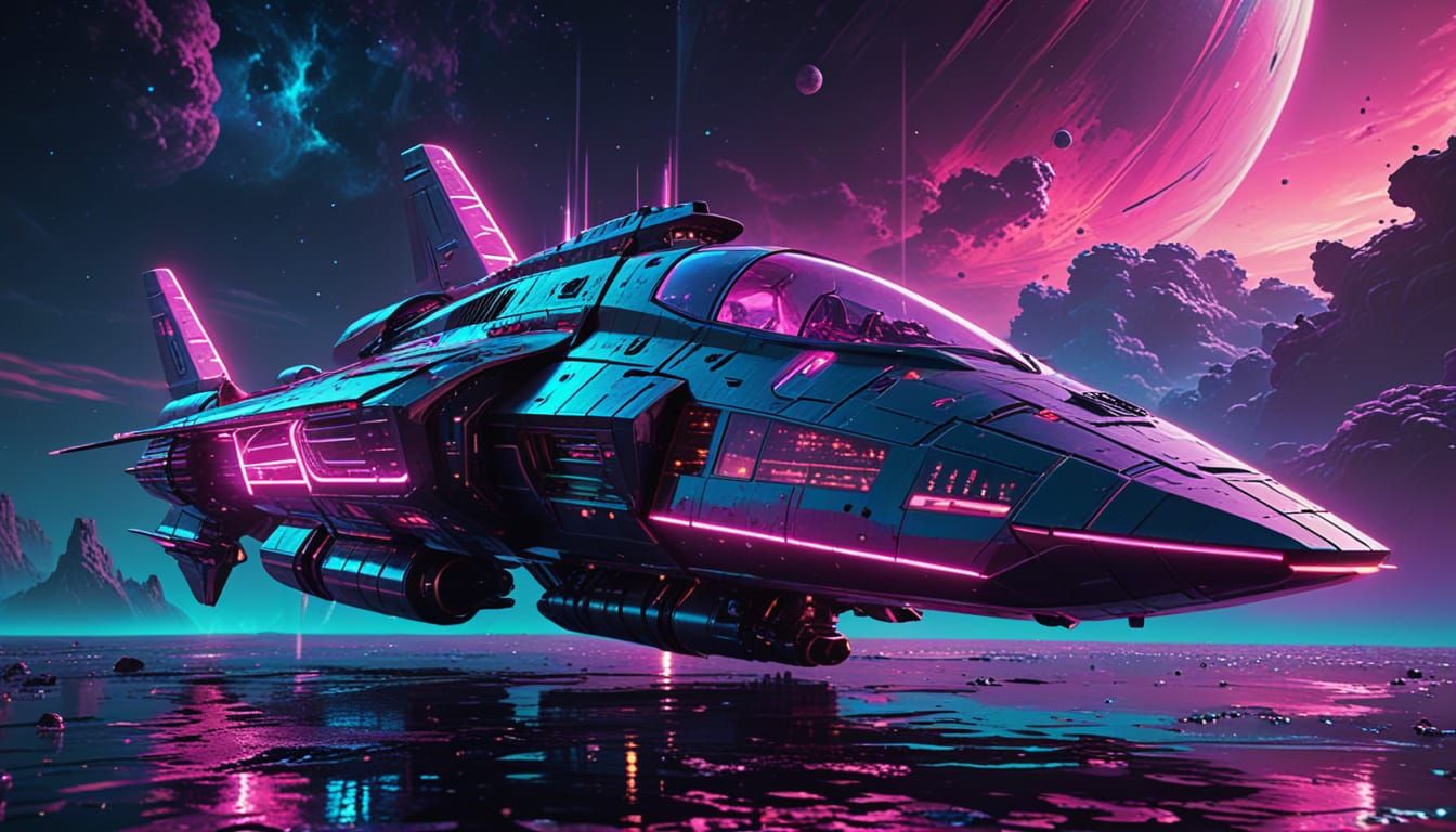 Ancient Futuristic Space Ship in Vibrant Synthwave Cosmos