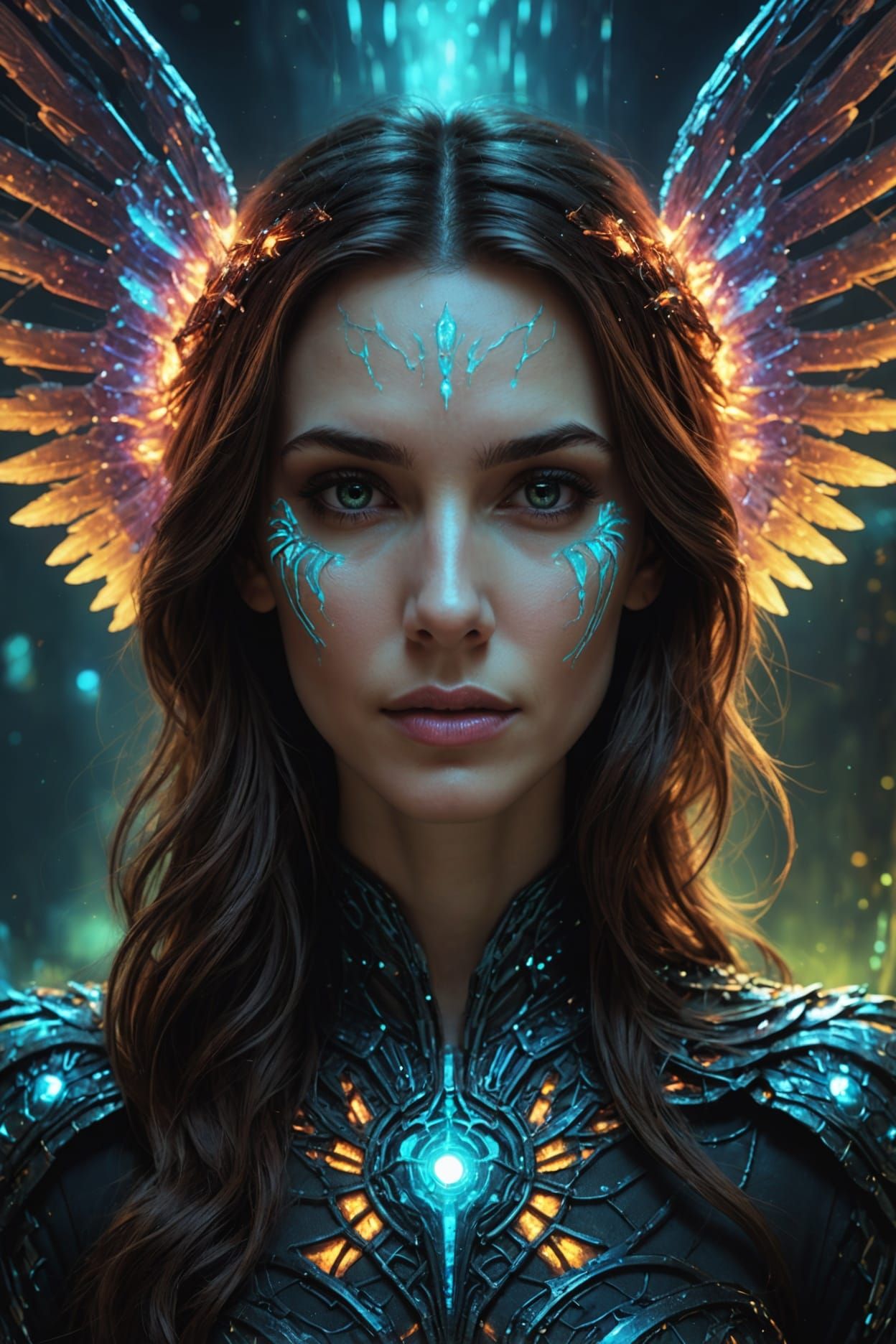Cyberpunk Fallen Angel in Cosmic Biomechanical Splendor