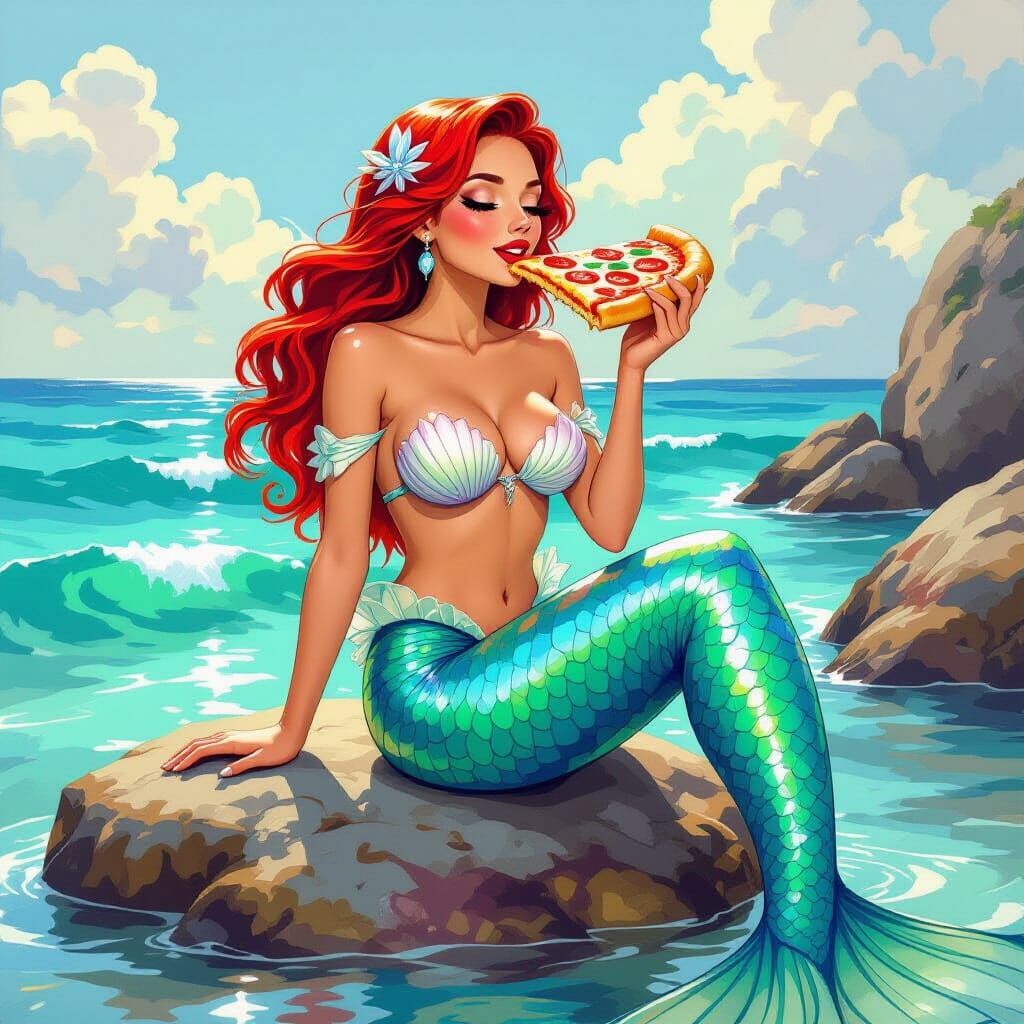 Mermaid Eating Pizza in Vibrant Digital Art Style
