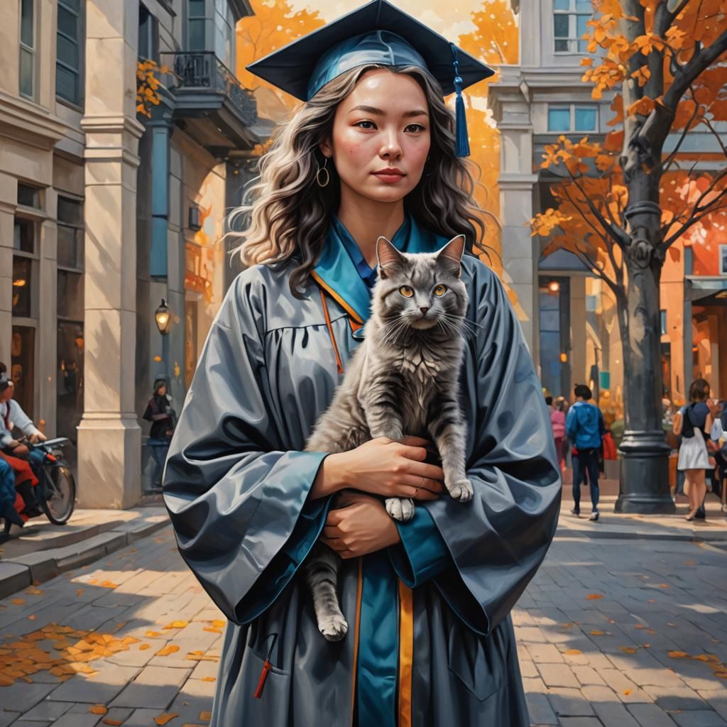 Woman in Graduation Robe Holding Nebelung Cat