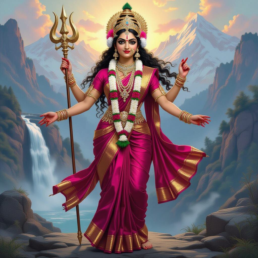 Goddess Durga Dances Amidst Himalayas in Pink Banarasi Saree