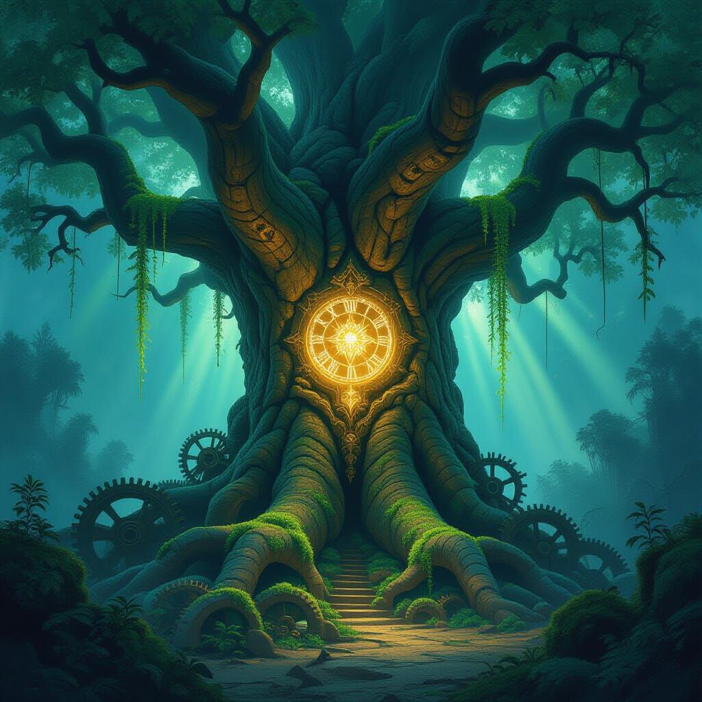 Ancient Tree With Clockwork Roots in Dreamlike Concept Art