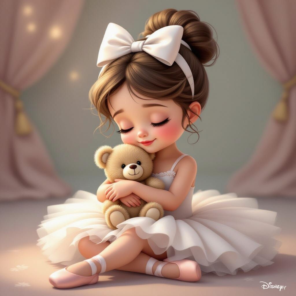 Cute Ballerina Girl Hugs Teddy Bear in Dreamy Pastel Art
