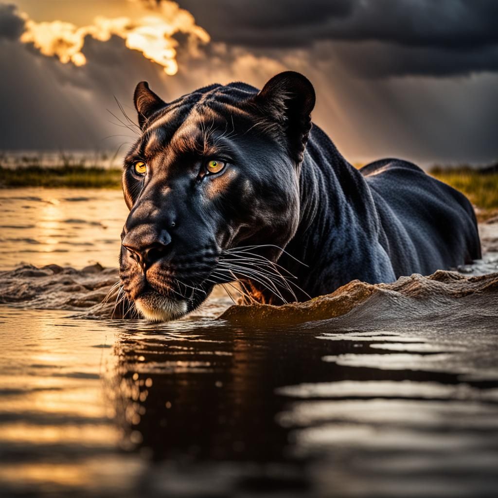 Black Panther in Savanna Thunderstorm at Sunset