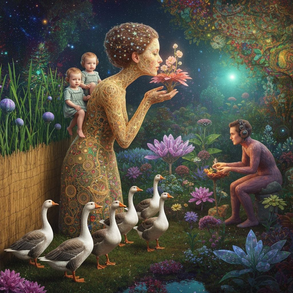 Folkloric Robot & Twins in Surreal Eco-Art Garden