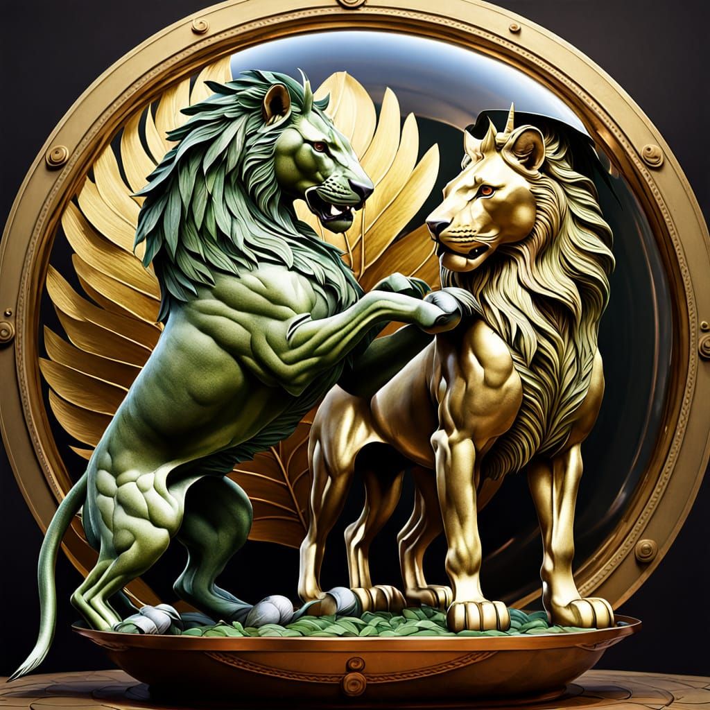 Lion and Unicorn Duel in Photorealistic Digital Painting