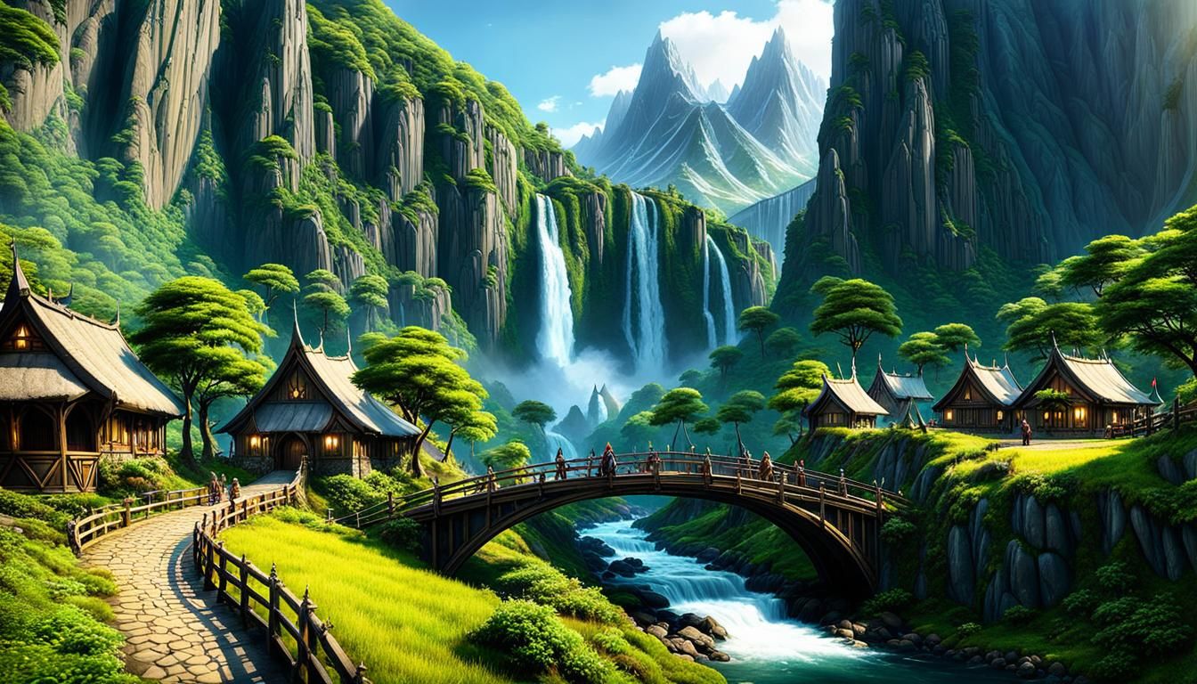 Fantasy Elven Village with Waterfall and Elven Knights