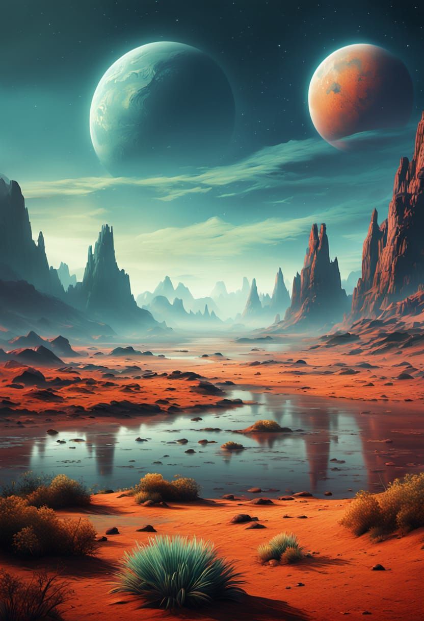 1950s Serene Alien Landscape in Digital Art