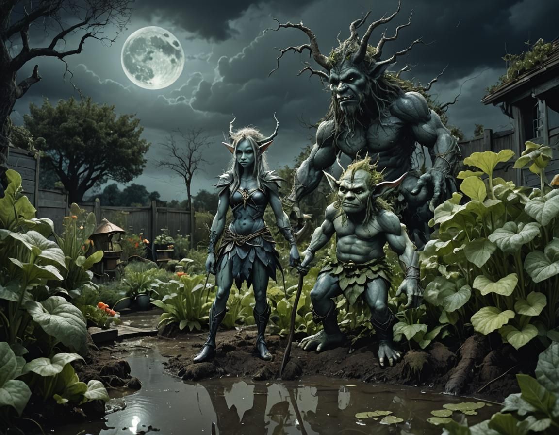 Dark Fantasy: Fairy and Troll in Moonlight Garden