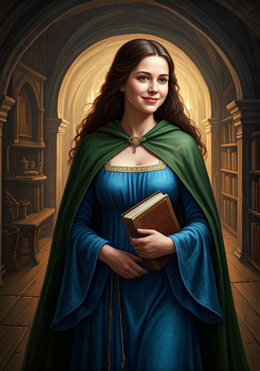 Medieval Woman Explores Underground Library in Royal Gown