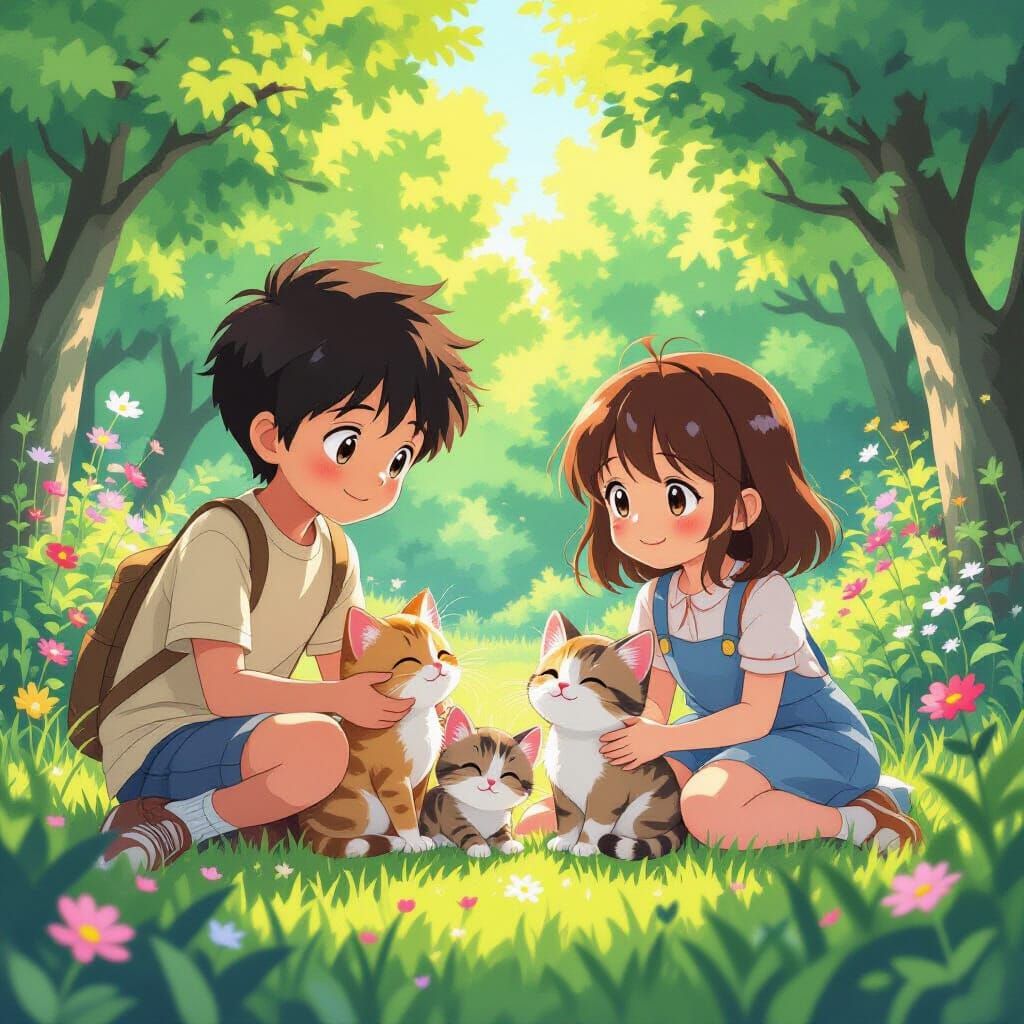 Village Children Play with Kittens, Anime Style