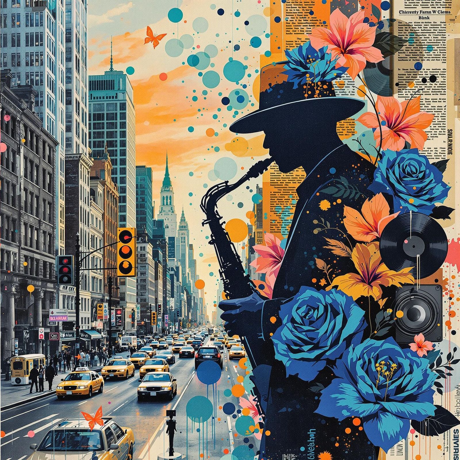 NYC Street Art with Taxis and Skyscrapers