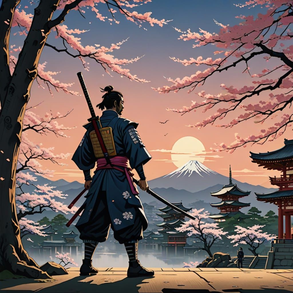 Samurai Defends Heian Jingu Shrine Under Sakura Blossoms