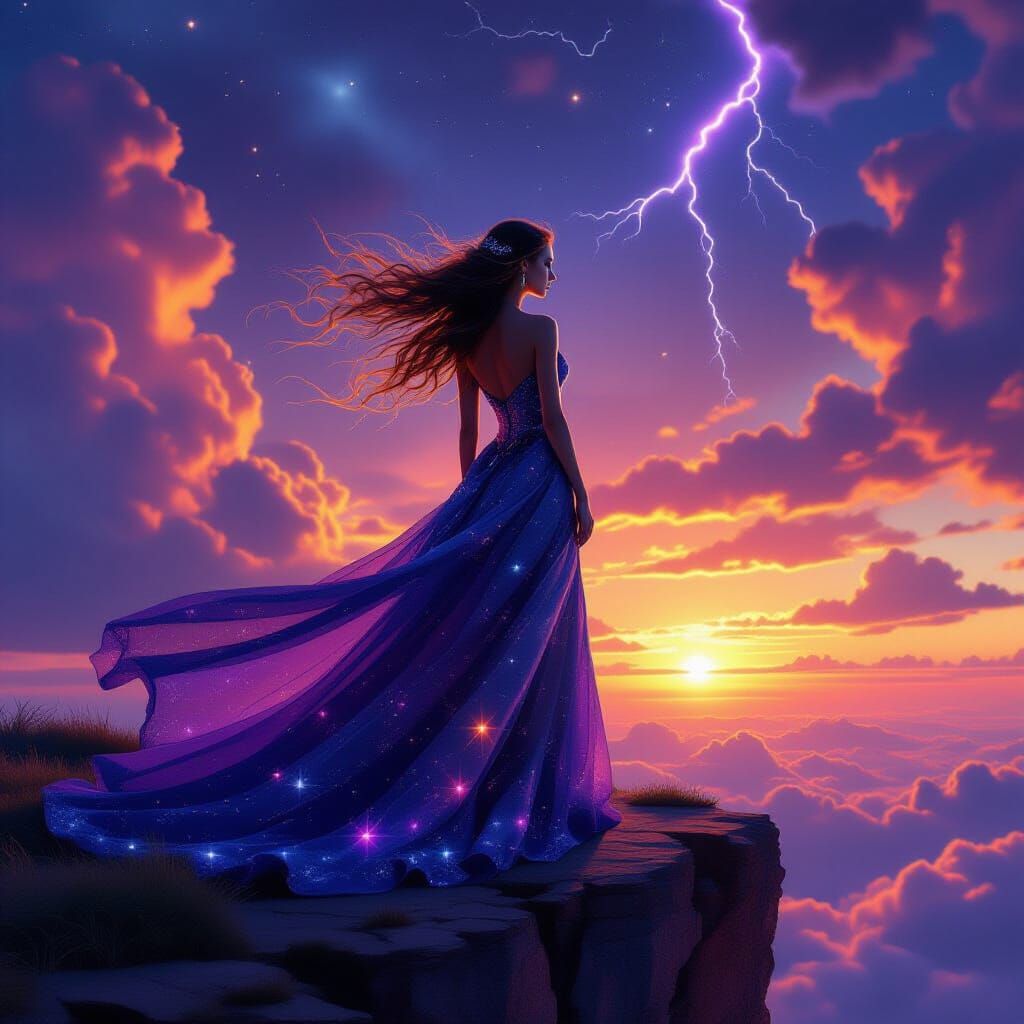 Majestic Woman in Cosmic Gown at Sunset