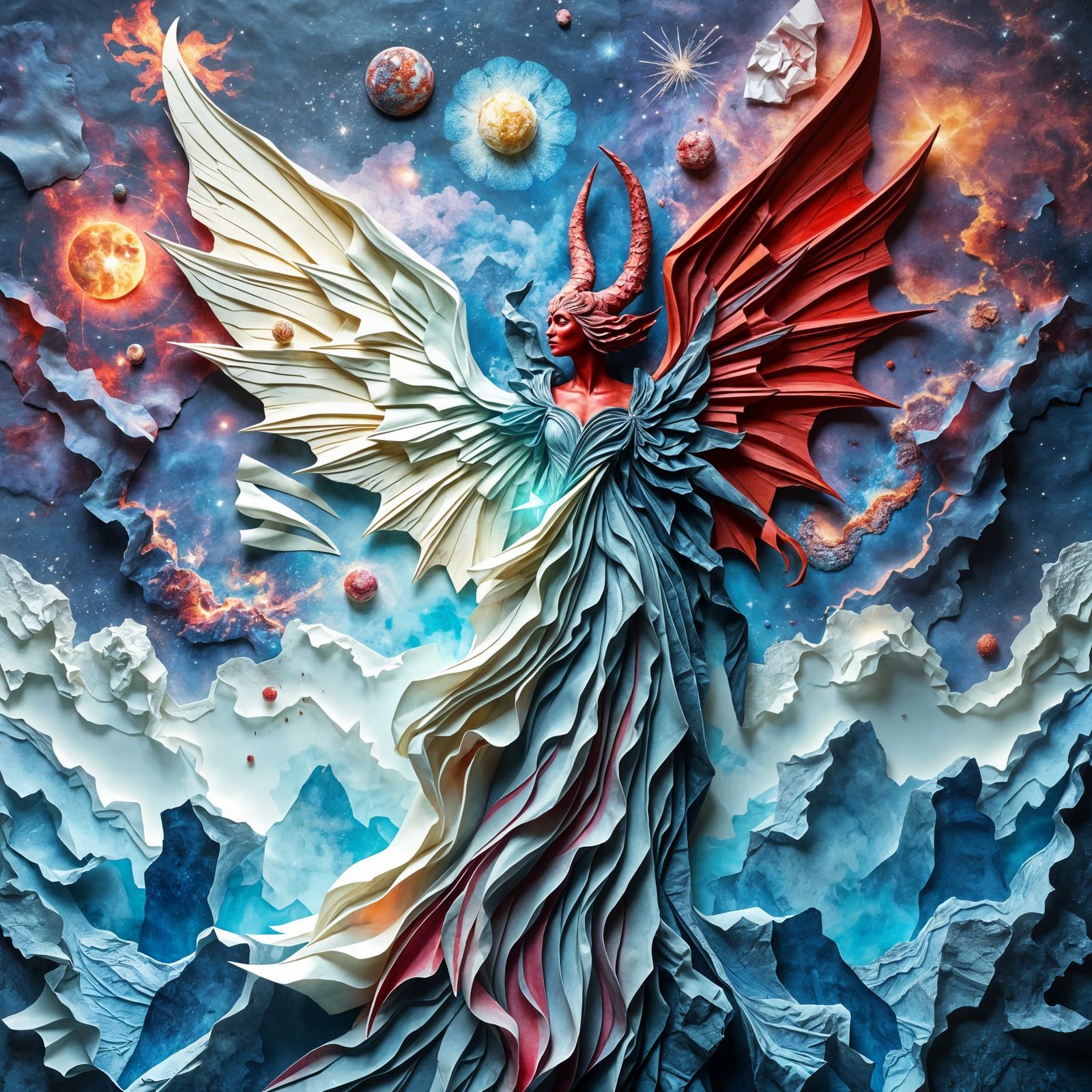 Surreal Paper Worlds: Angel-Demon Queen in Cosmic Landscape