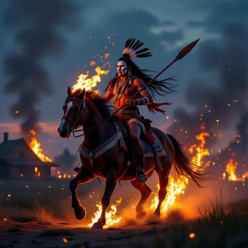 Native Warrior Rides Flaming Horse Toward Burning Village