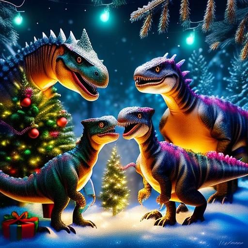 Cute Dinosaurs Celebrate Christmas in Winter Wonderland