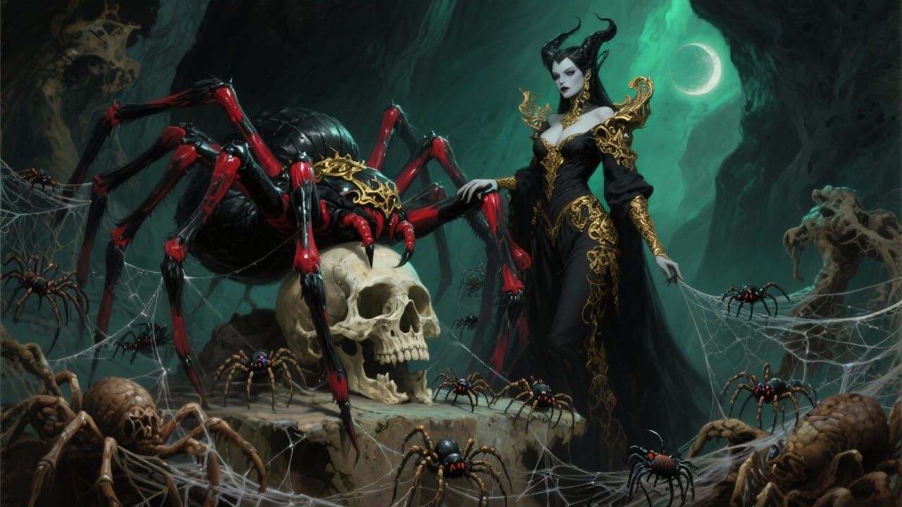 Spider Queen in Gothic Cave with Baroque Details