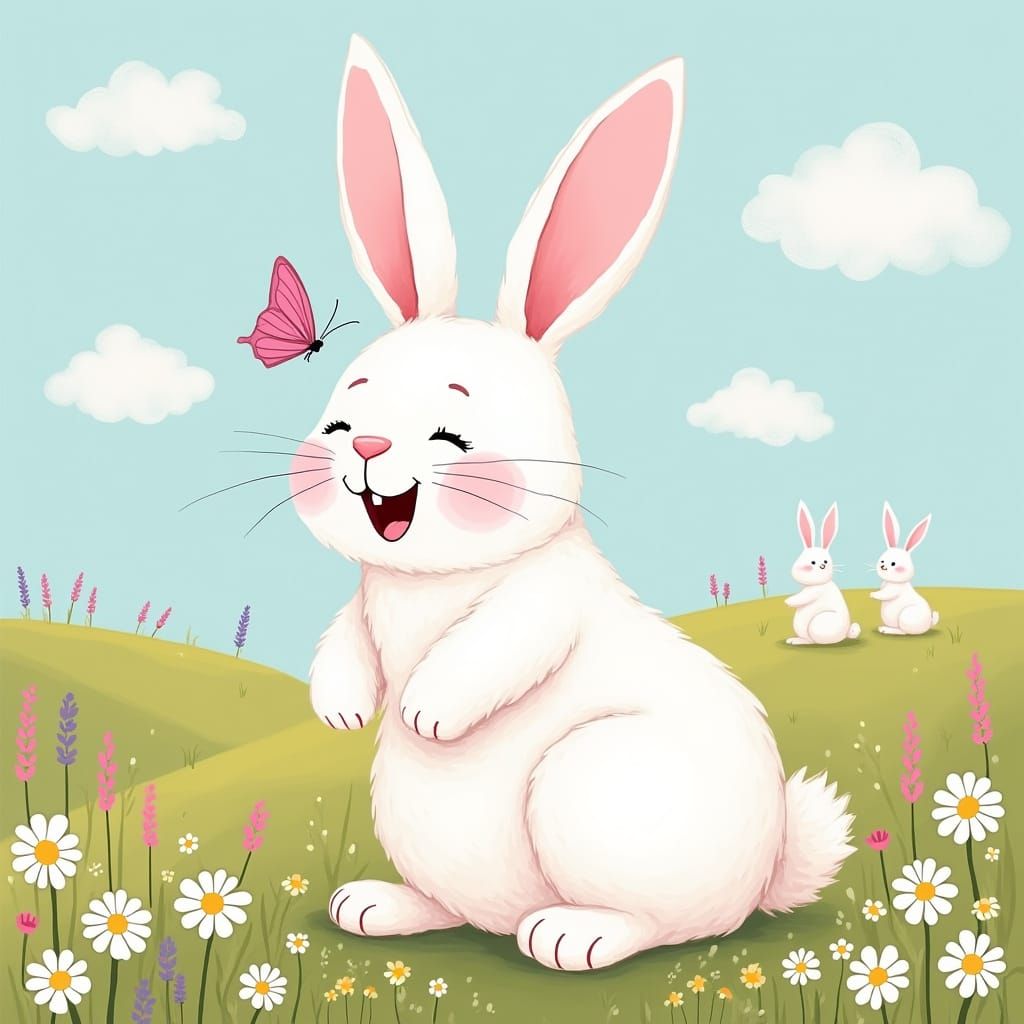 Cartoon Bunny Laughing in a Field of Flowers