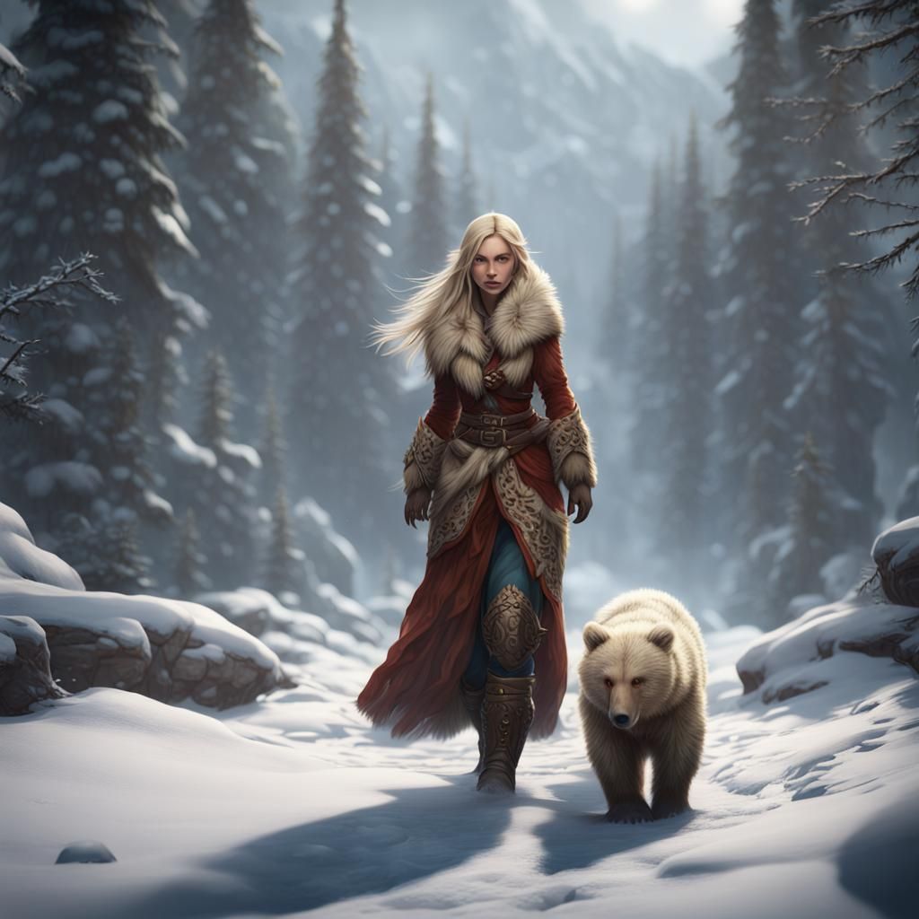 Elven Girl in Snowy Landscape, Detailed Matte Painting