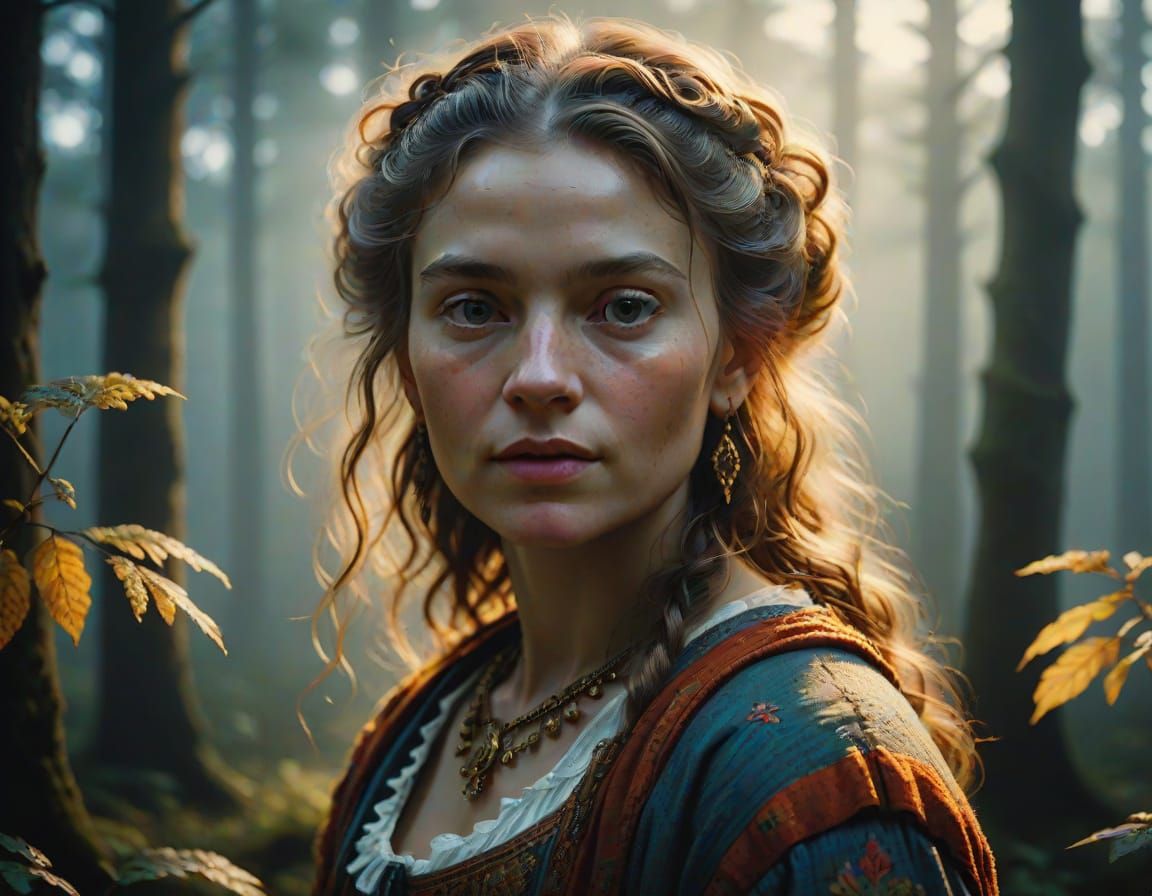 Elegant Tall Woman in Misty Forest Portrait