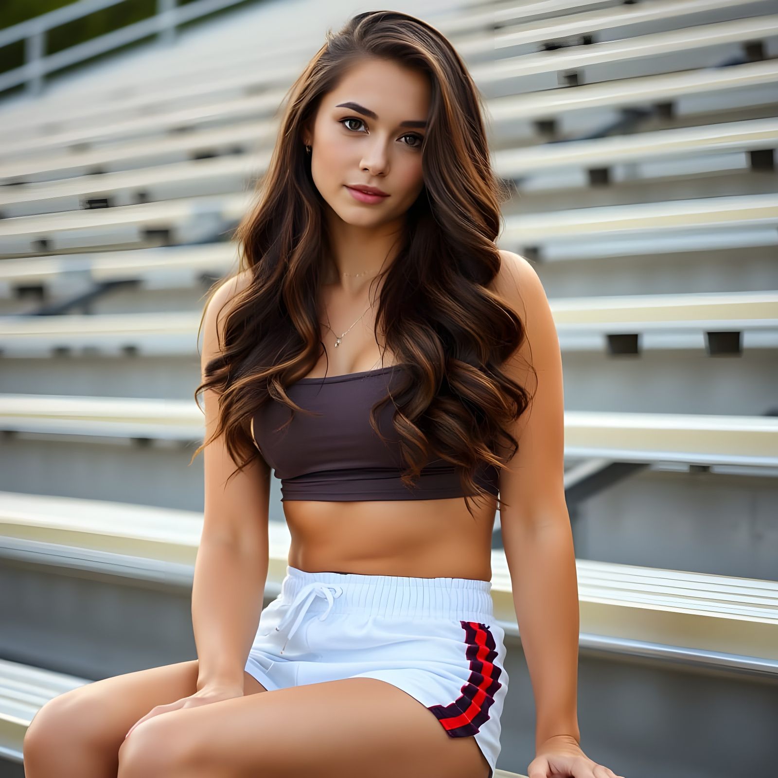 Woman on Bleachers in Alluring Crop Top and Shorts