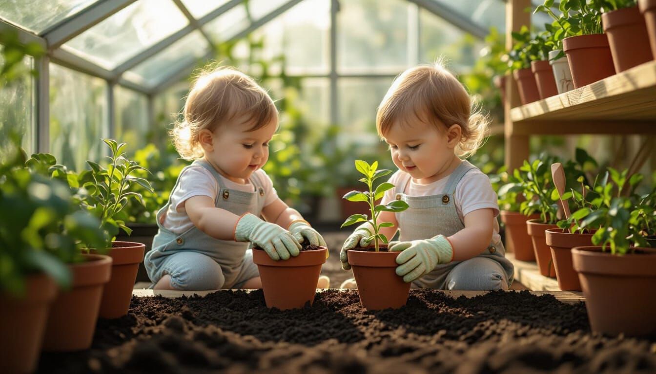 Toddlers Gardening in a Sunlit Greenhouse