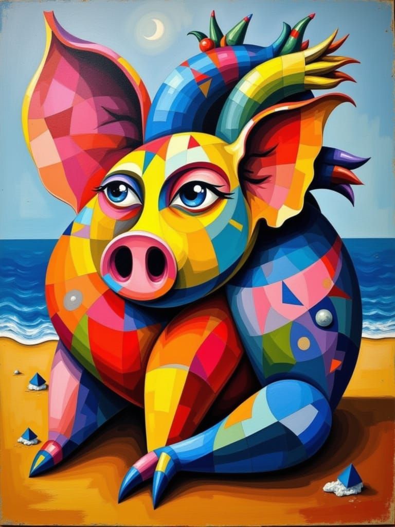 Cubist Pig on Beach in Uzbekistan Dreamtime