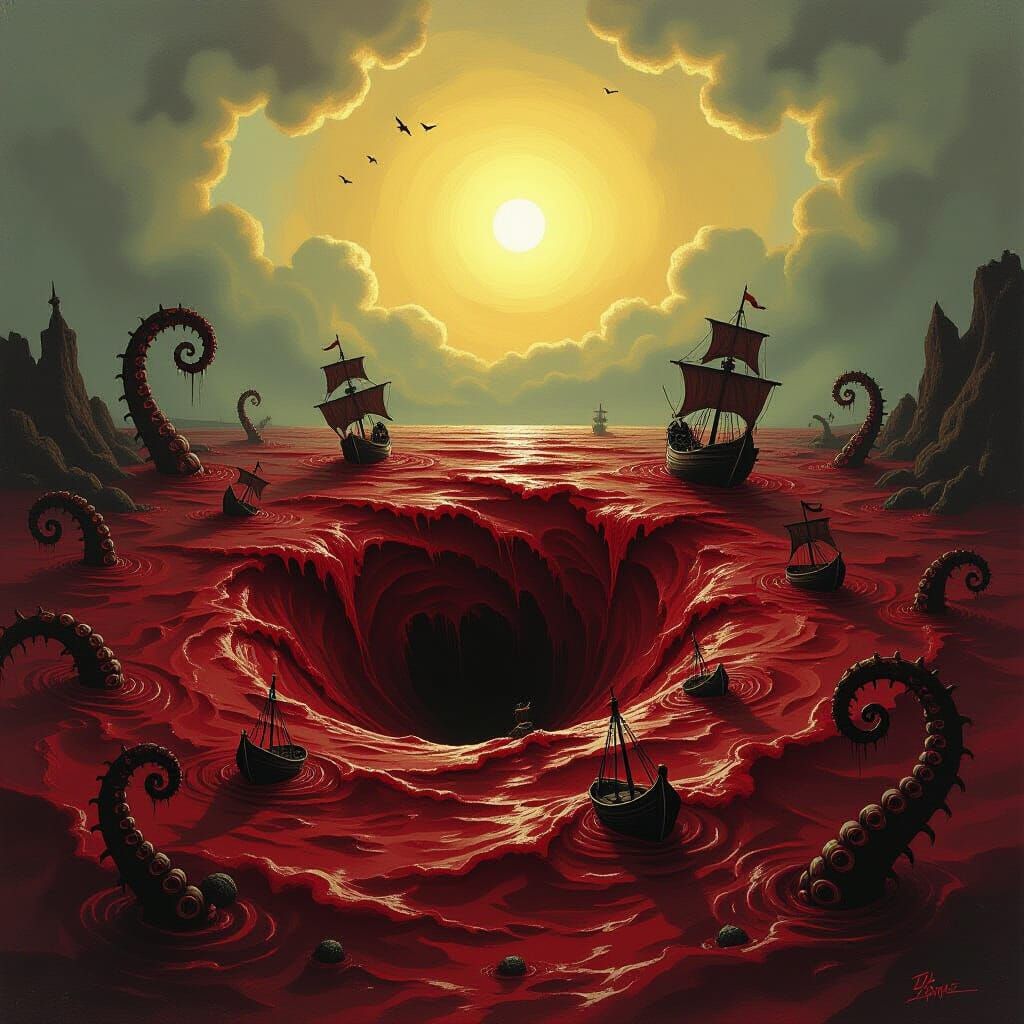 Blood Sea Whirlpool in Gothic Horror Style