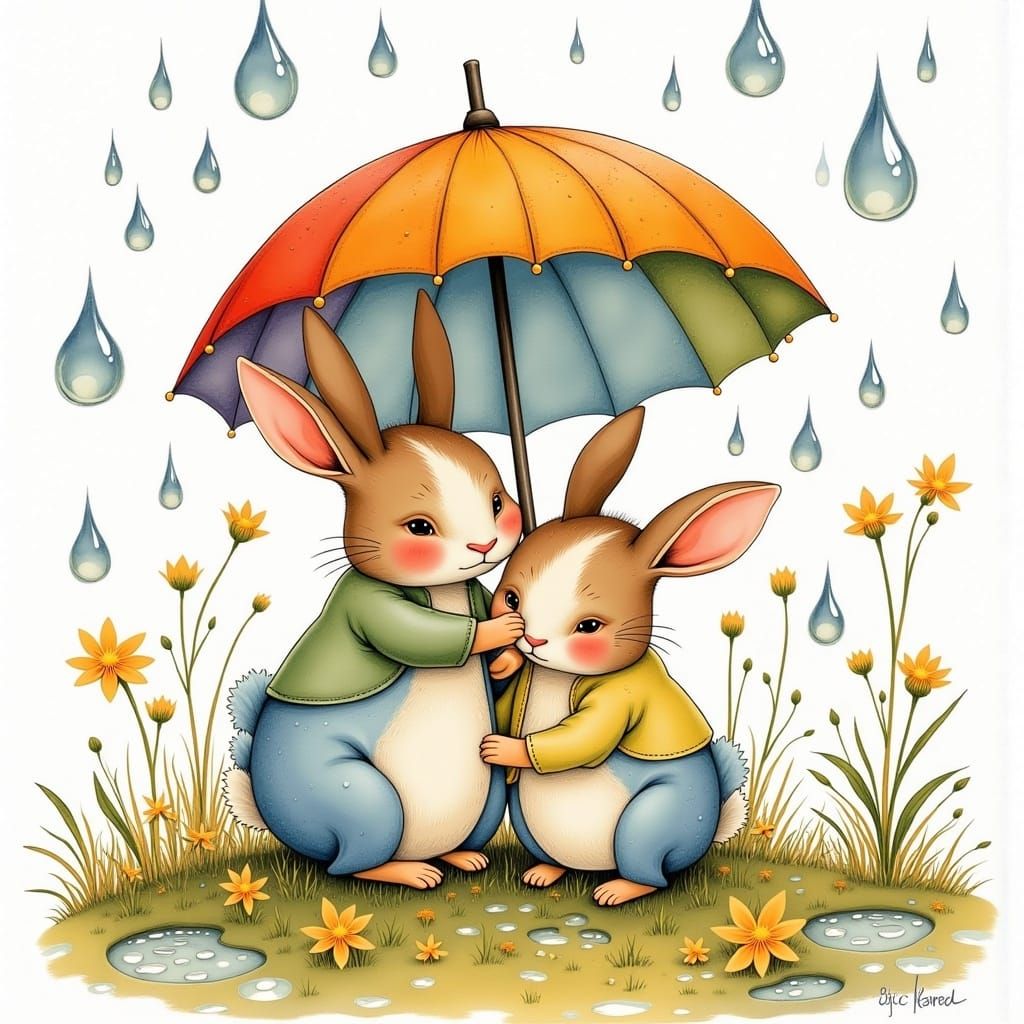 Whimsical Friends Play Under a Colorful Umbrella