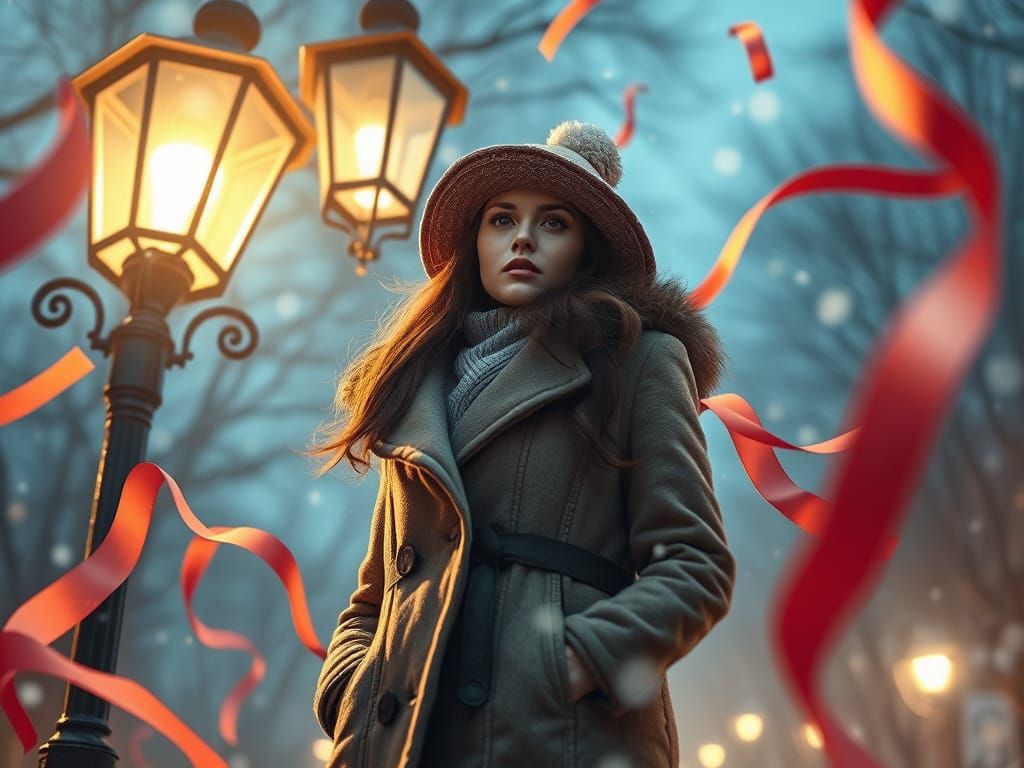 Dreamlike Woman with Ribbons by Street Lamp