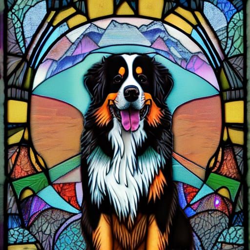 Detailed Stained Glass Bernese Mountain Dog Art