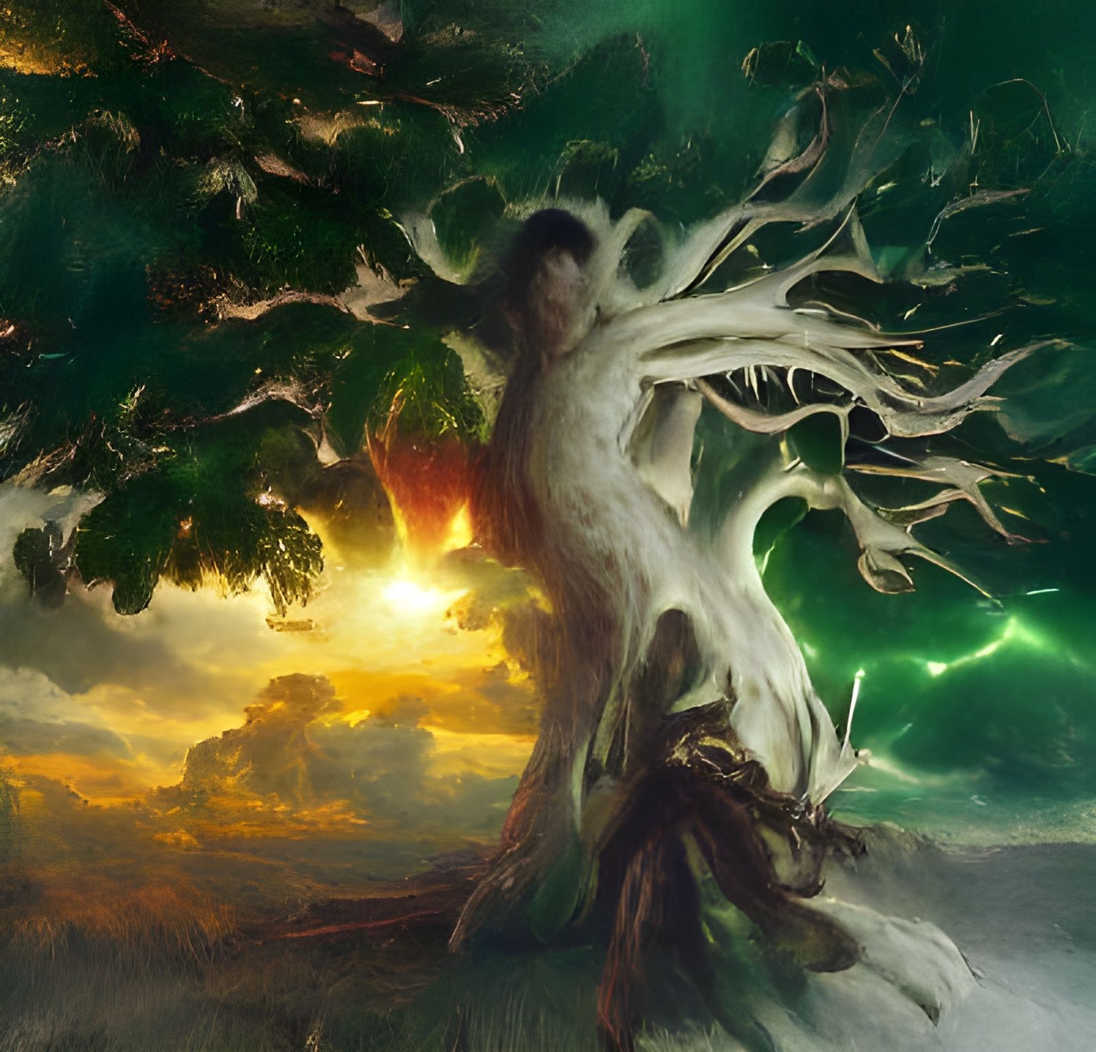Hyperrealistic Sunrise Tree with Boy