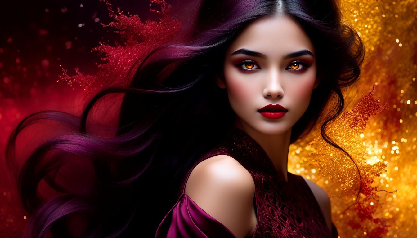 Dreamy Woman in Red and Plum, Digital Art