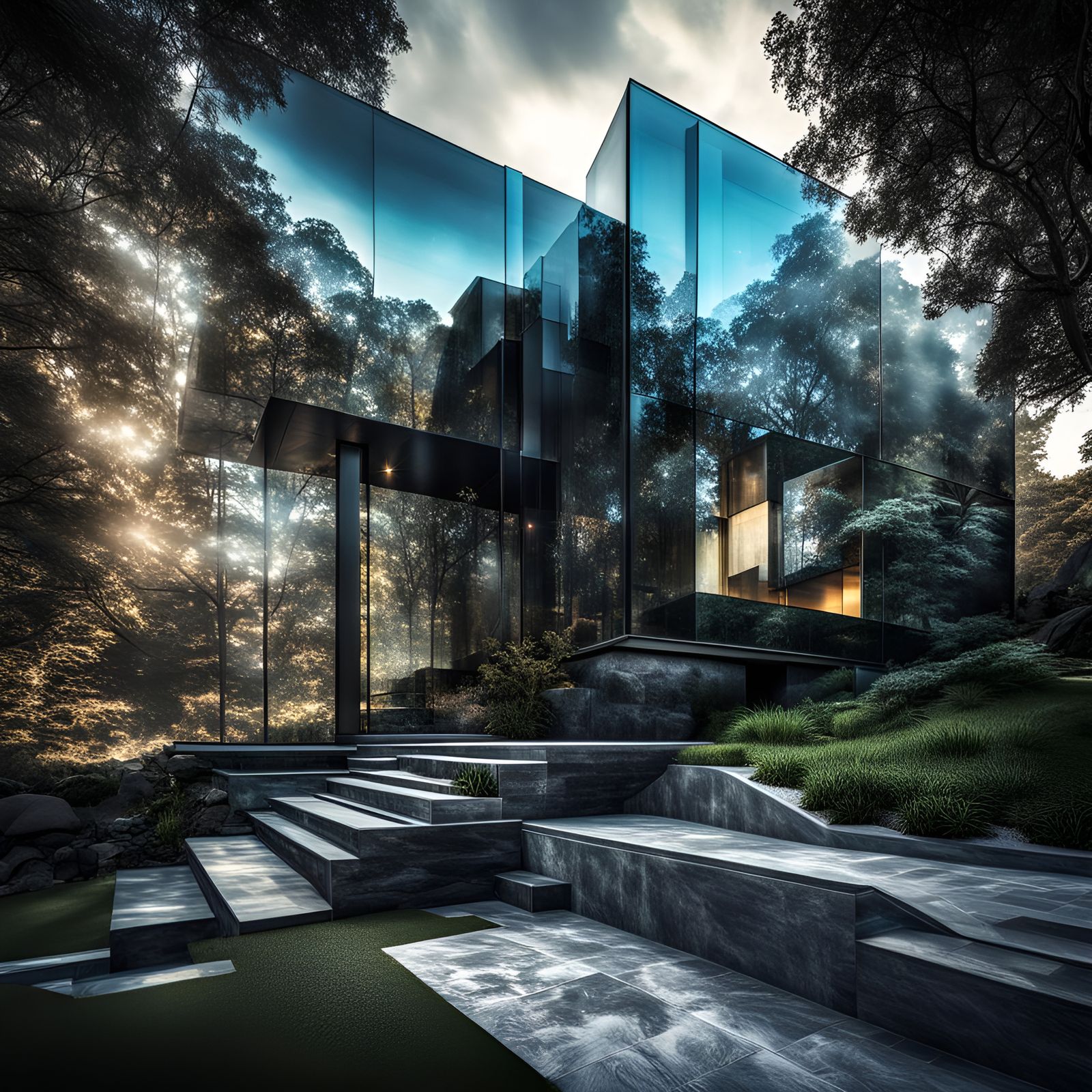 Glass Waterfall Next to Modern House in HDR